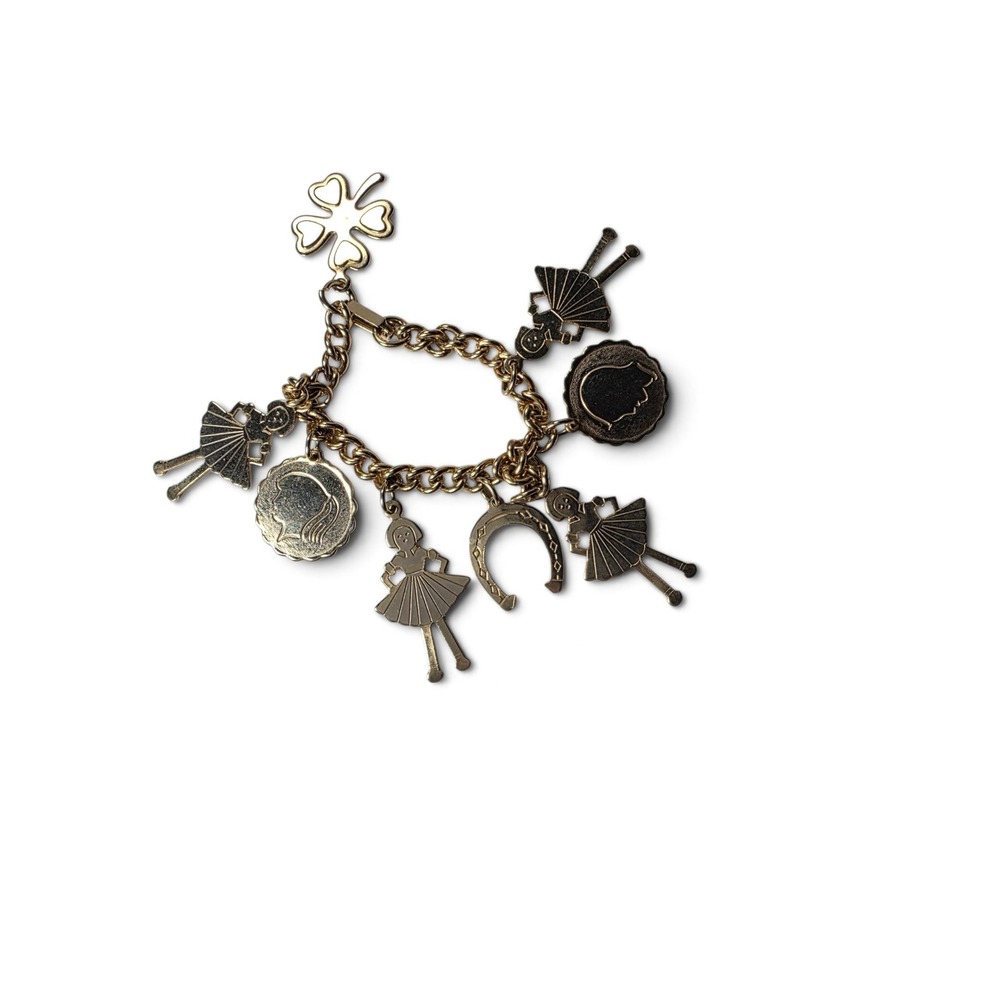 Vintage Gold Tone Charm Bracelet with Ballerina, horseshoe Whimsy Dainty Retro